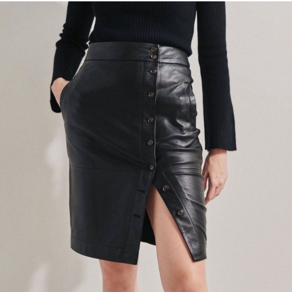 BLDWN Black Leather A-Line Button Front Skirt Size Small